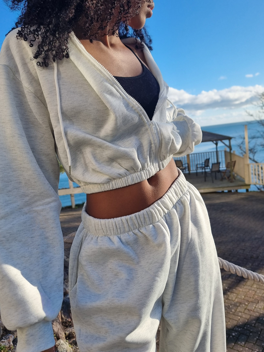 Matching wide leg & cropped jacket set in Light Grey Marl