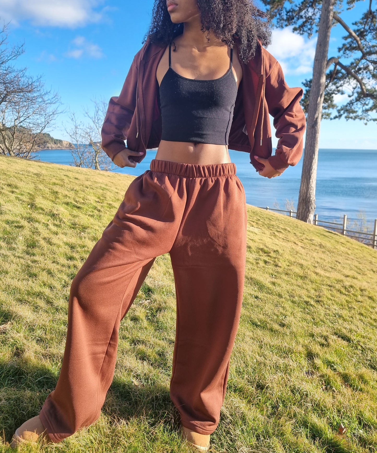 Matching wide leg & cropped jacket set in Brown