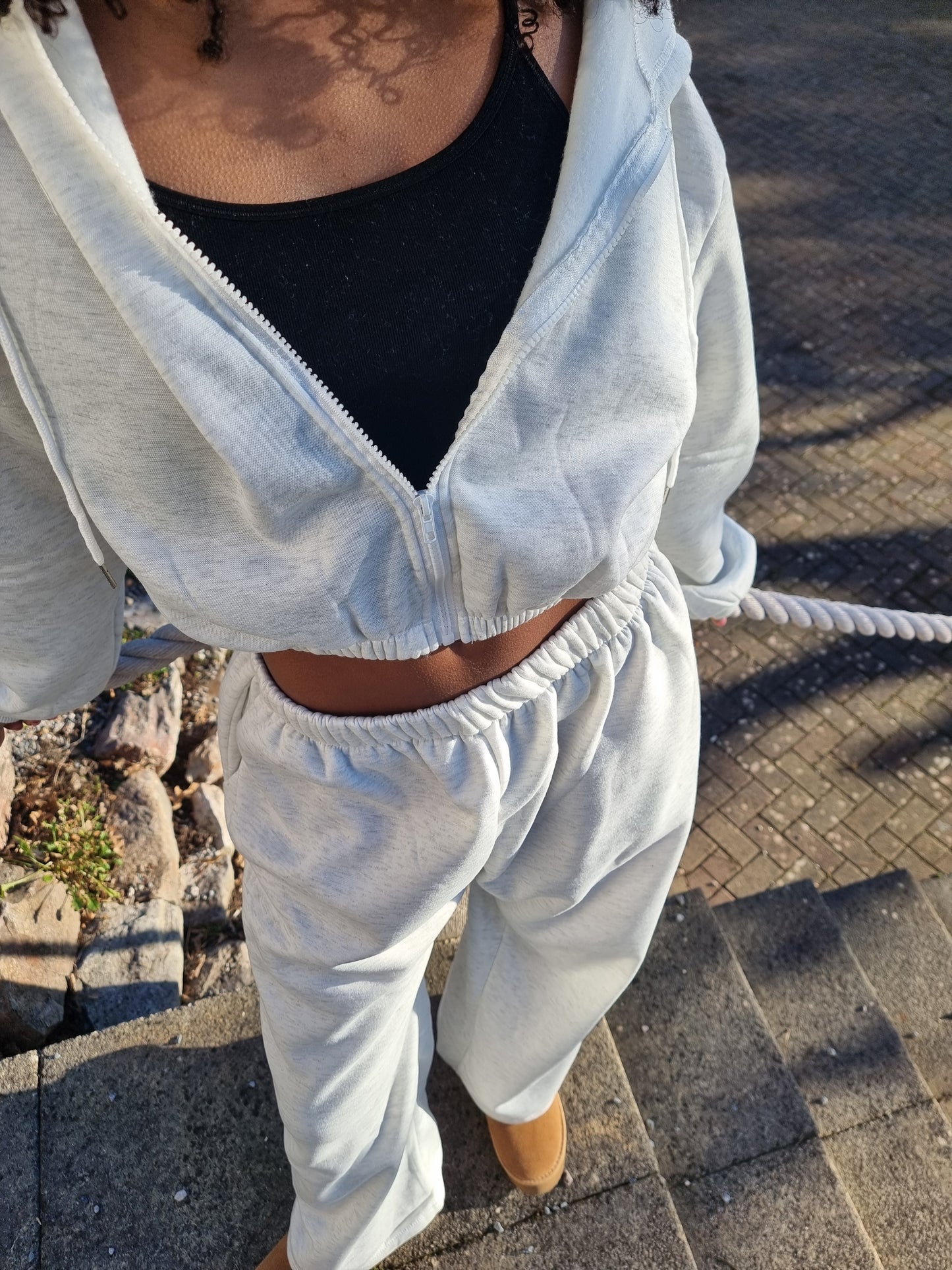 Matching wide leg & cropped jacket set in Light Grey Marl