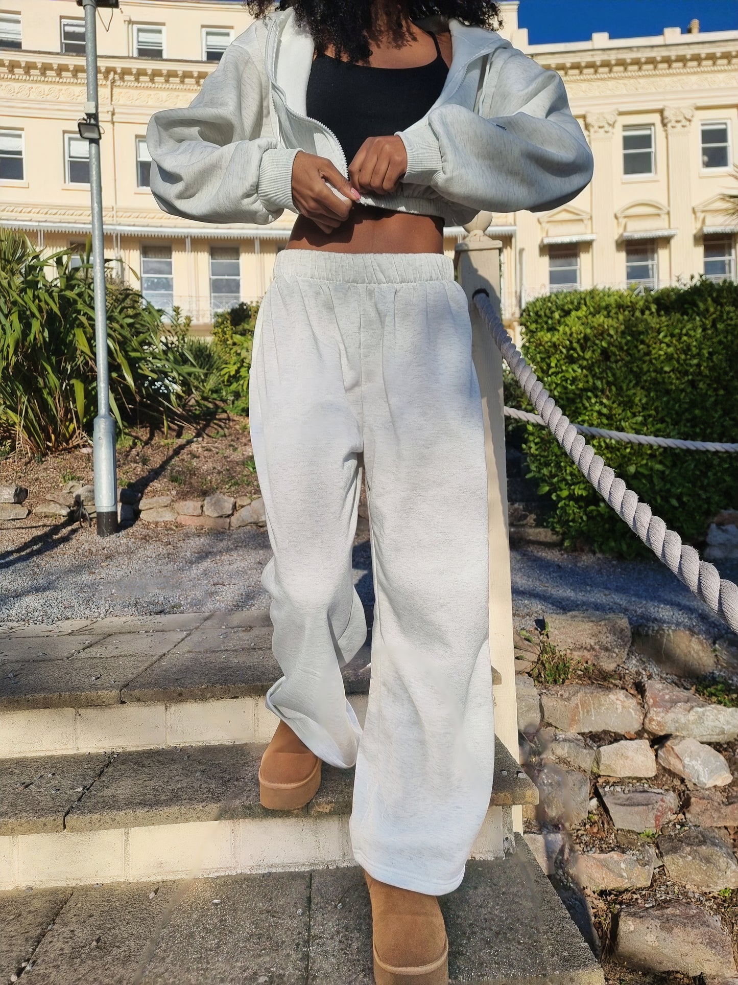 Matching wide leg & cropped jacket set in Light Grey Marl