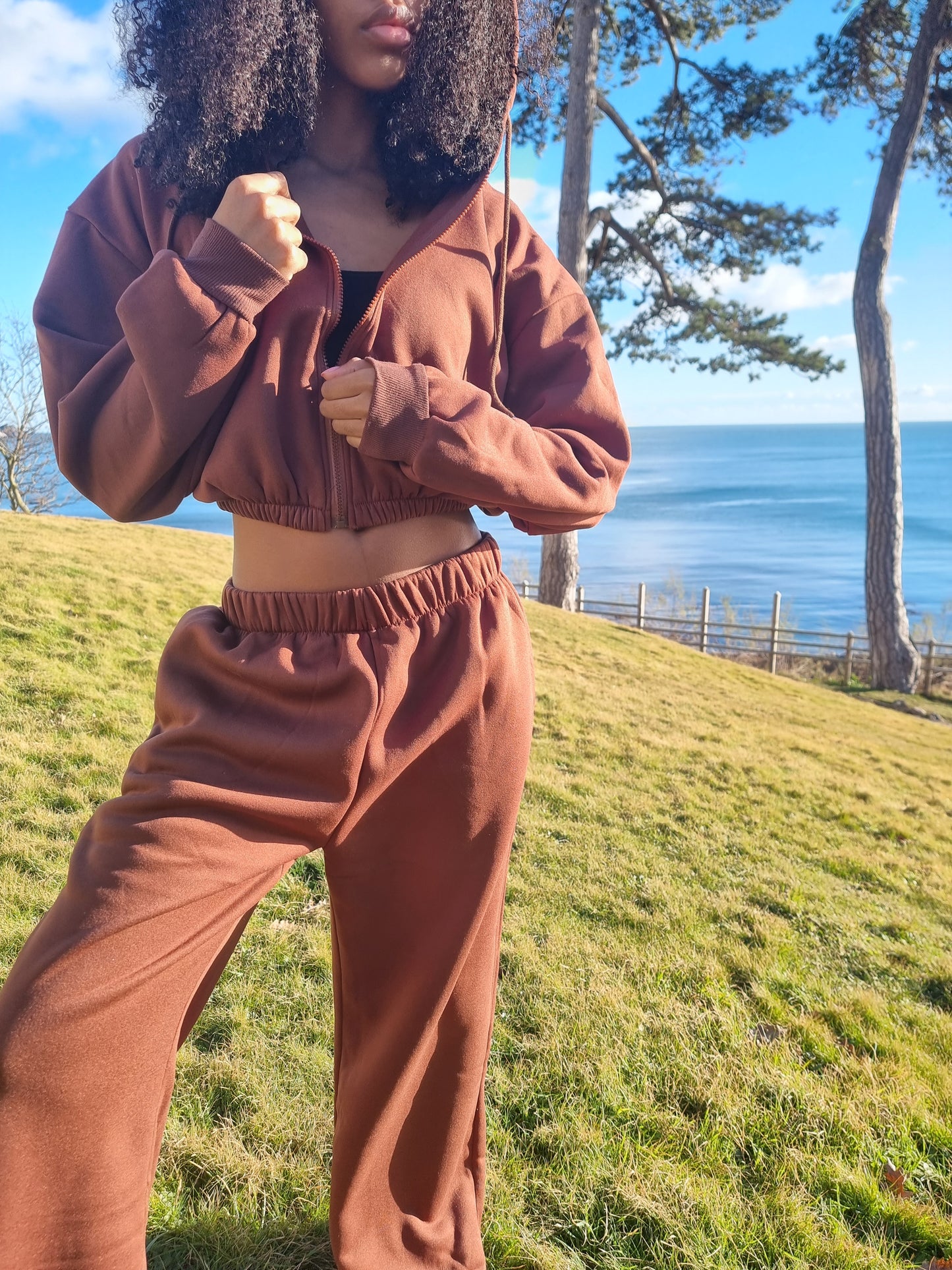 Matching wide leg & cropped jacket set in Brown