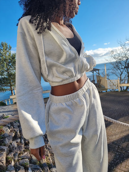 Matching wide leg & cropped jacket set in Light Grey Marl